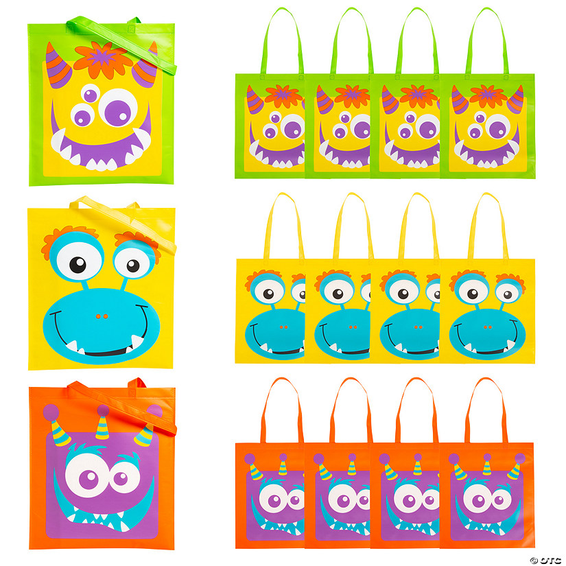 15" x 17" Large Nonwoven Monster Face Tote Bags - 12 Pc. Image