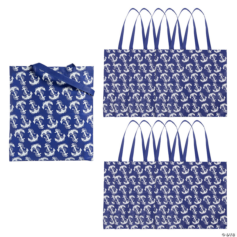 15" x 17" Large Nonwoven Navy Anchor Tote Bags - 12 Pc. Image