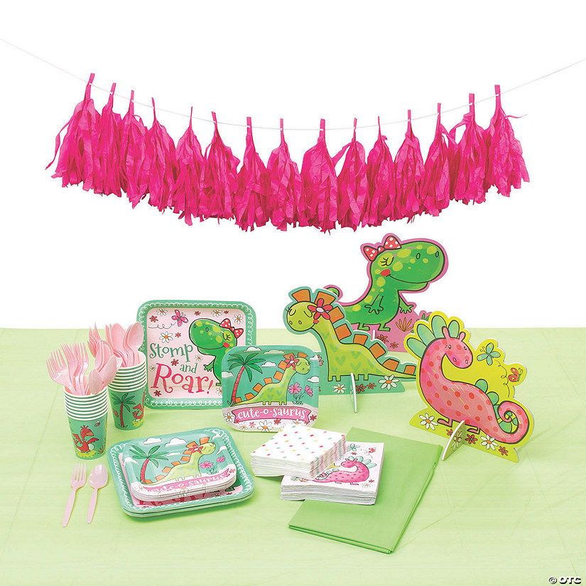 150 Pc. Girl Dinosaur Tableware Kit for 16 Guests Image