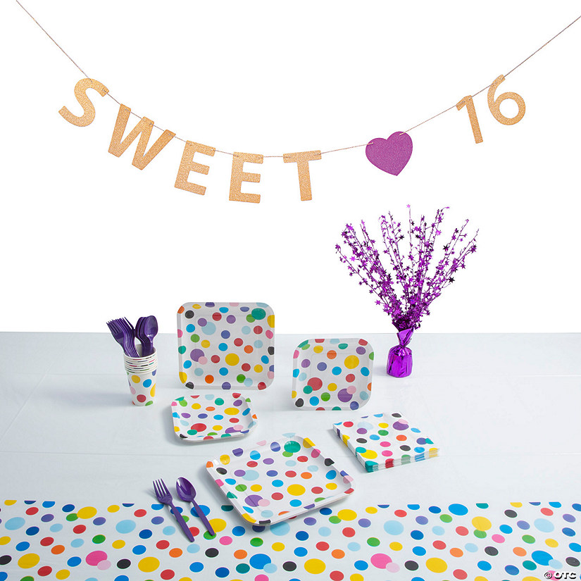 157 Pc. Sweet 16 Birthday Party Polka Dot Disposable Tableware Kit for 24 Guests Image
