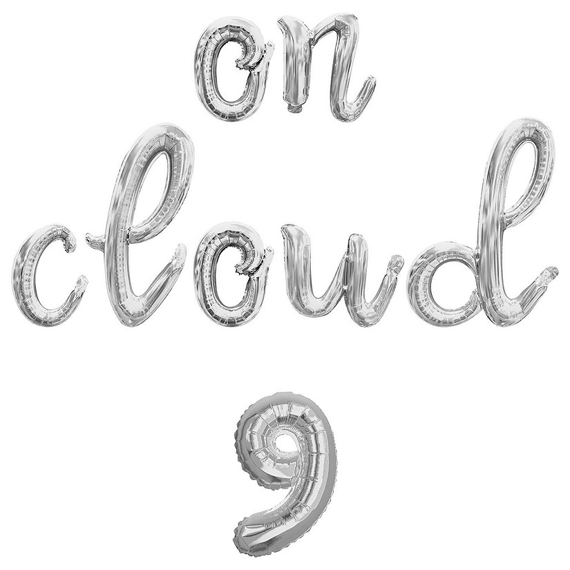 16 Inch Cursive Silver ON CLOUD 9 Letter Balloon Banner Image