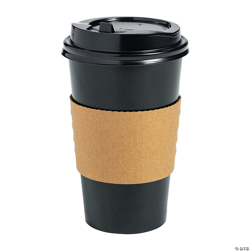 16 oz. Black Disposable Paper Coffee Cups with Lids & Sleeves - 12 Ct. Image