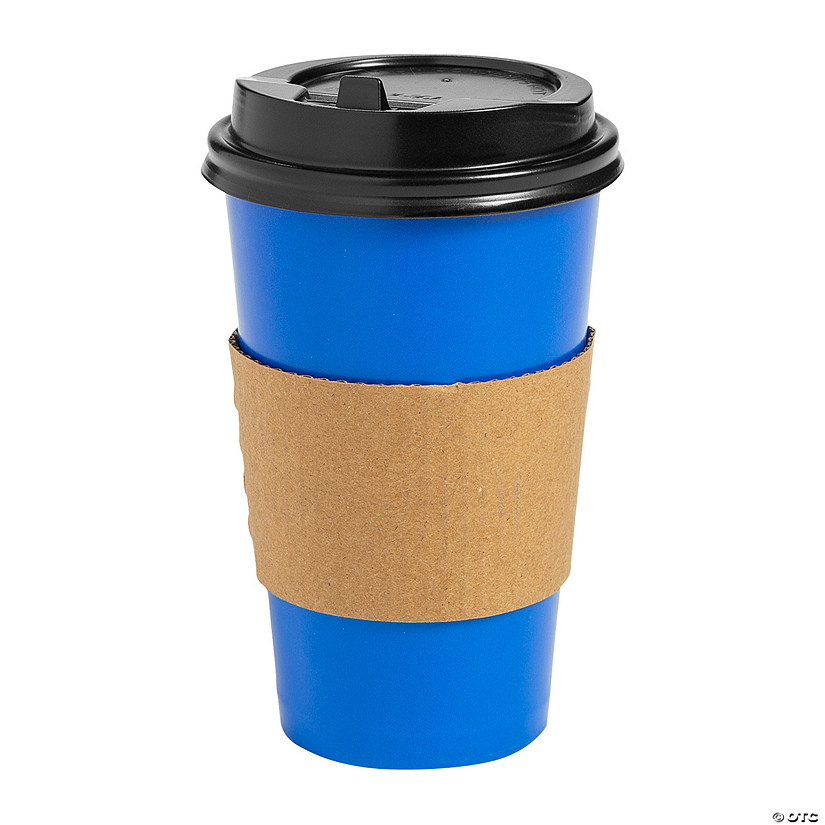 16 oz. Blue Disposable Paper Coffee Cups with Lids & Sleeves - 12 Ct. Image
