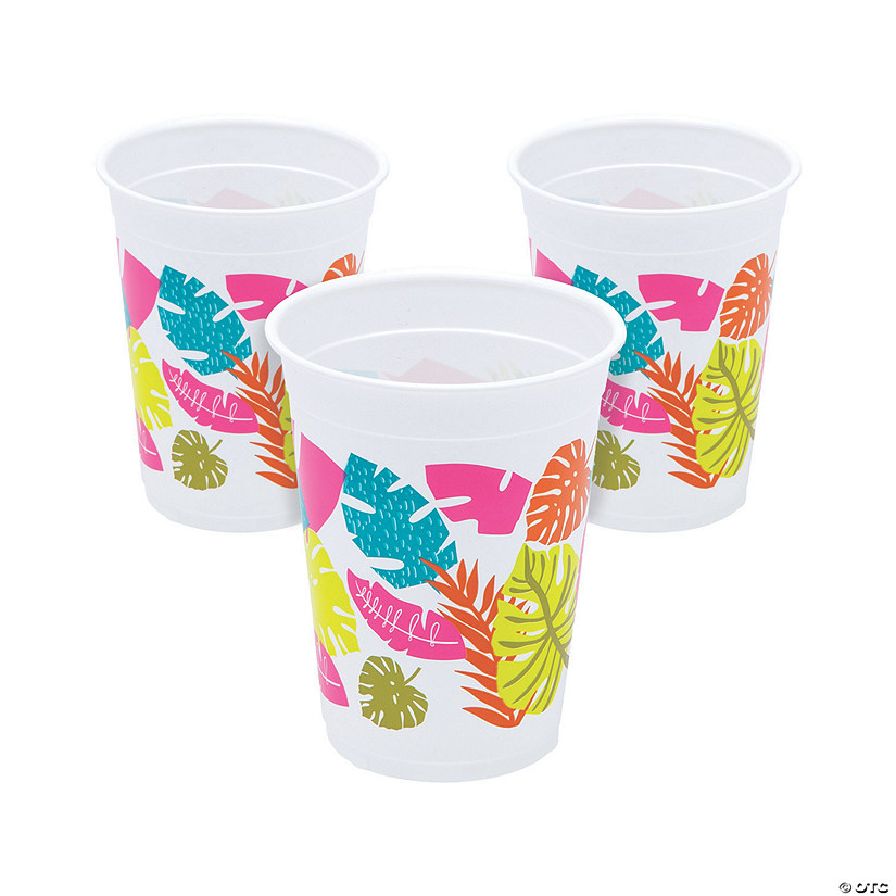 16 oz. Bright Tropical Leaf Luau Disposable Plastic Cups - 25 Ct. Image