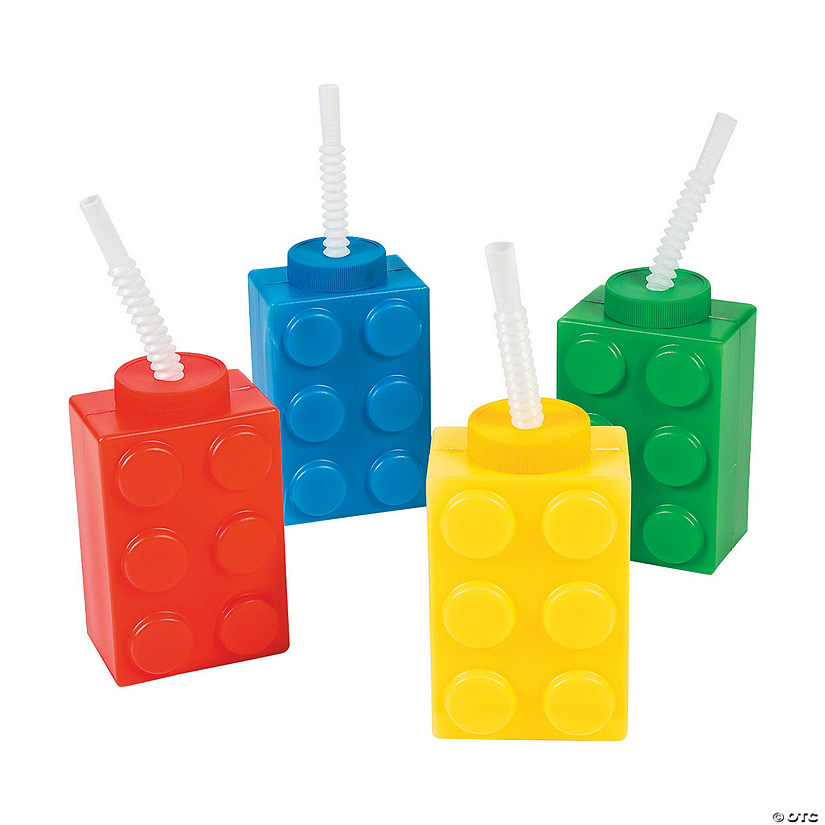 16 oz. Building Block Party Reusable BPA-Free Plastic Cups with Lids & Straws - 8 Ct. Image