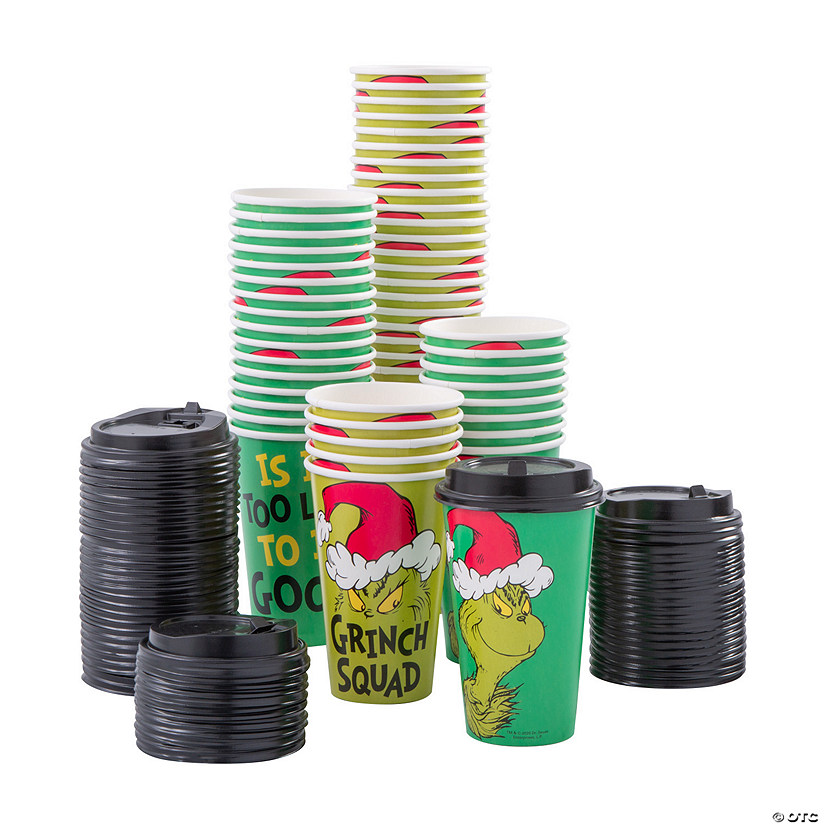 16 oz. Bulk 144 Ct. Dr. Seuss&#8482; The Grinch Disposable Paper Coffee Cups with Lids Image