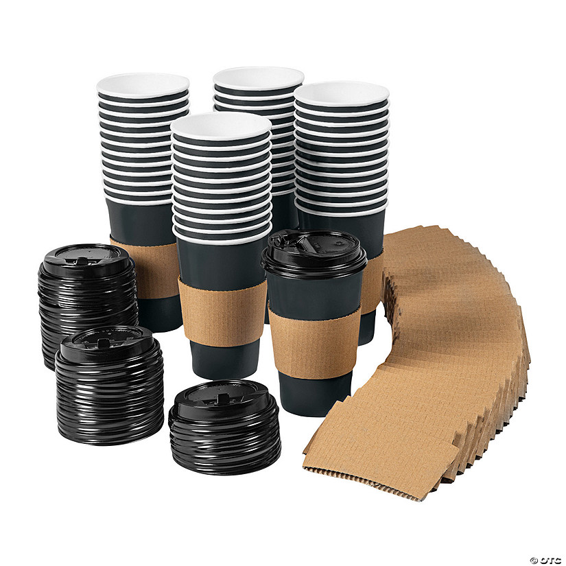 16 oz. Bulk 48 Ct. Black Disposable Paper Coffee Cups with Lids & Sleeves Image