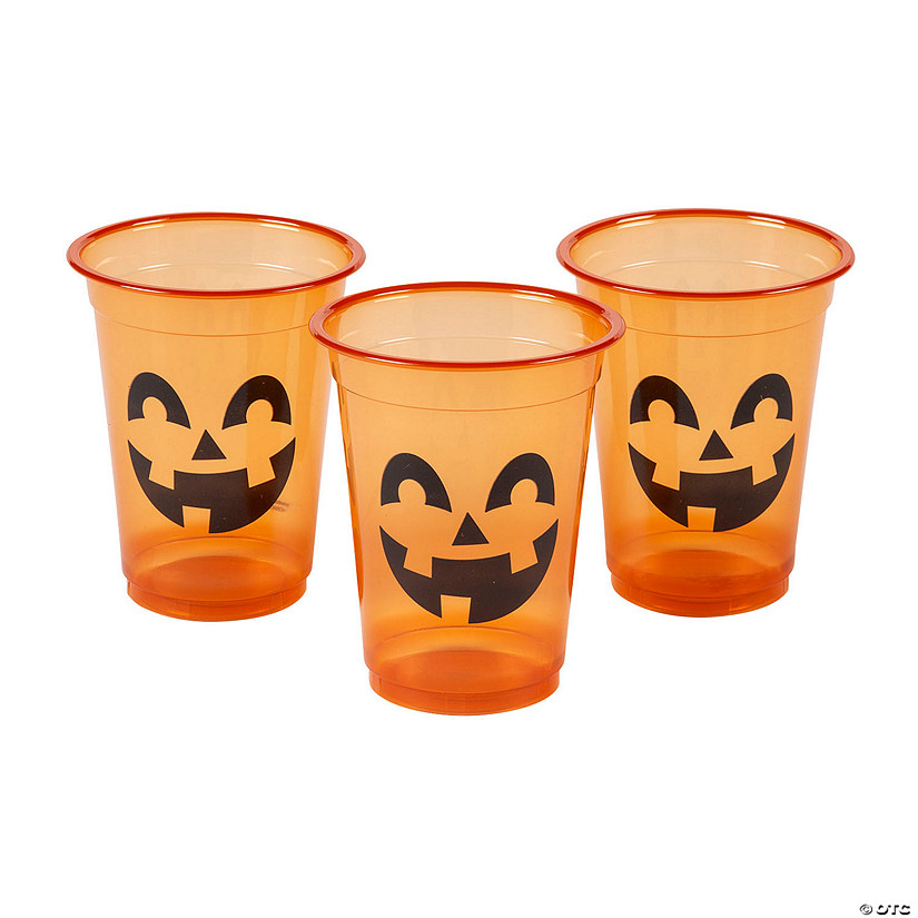 16 oz. Bulk 50 Ct. Jack-O&#8217;-Lantern Orange Disposable Plastic Cups Image