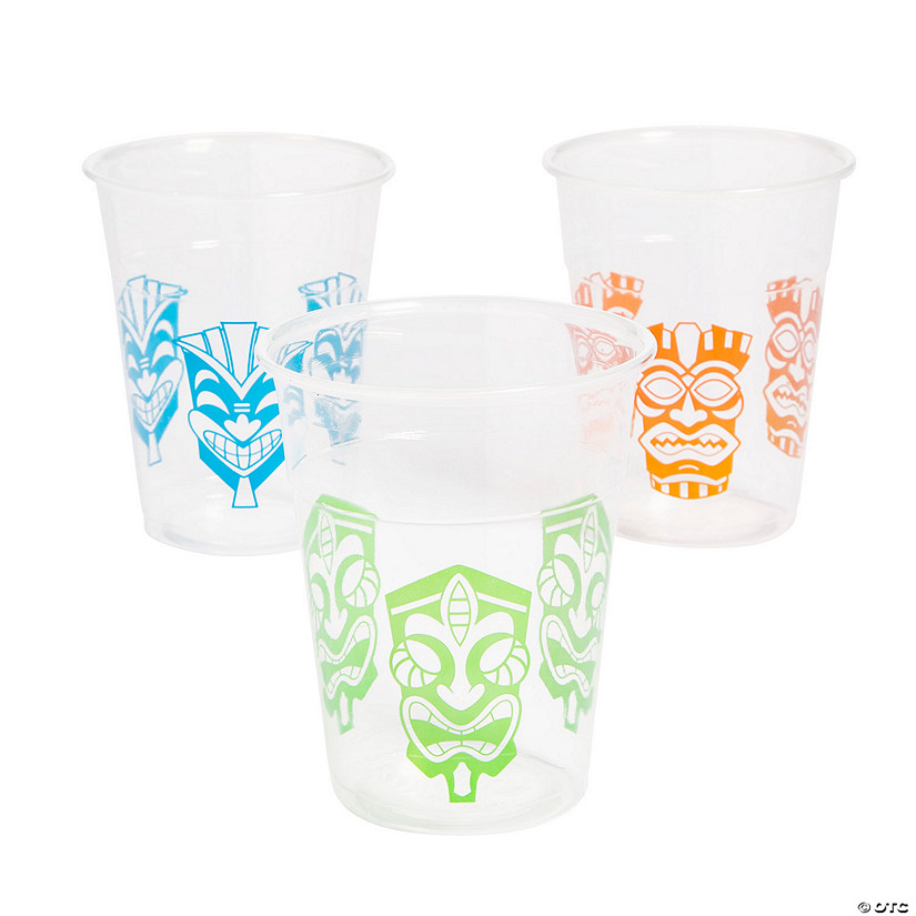 16 oz. Bulk 50 Ct. Luau Tiki Mask Print Clear Disposable Plastic Cups Image