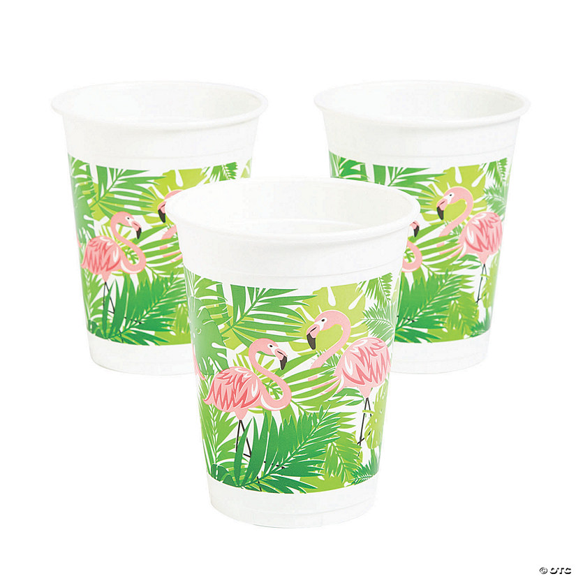 16 oz. Bulk 50 Ct.Flamingo & Palm Leaf Luau Disposable Plastic Cups Image