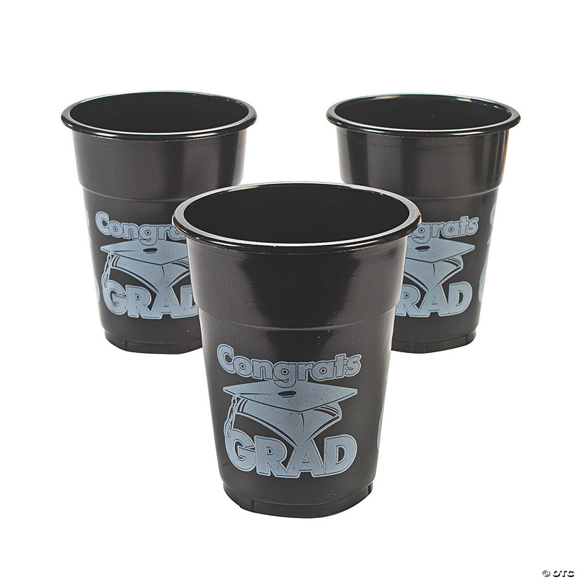 16 oz. Bulk 50 Pc. Black Congrats Grad Cap & Tassel Disposable Plastic Cups Image