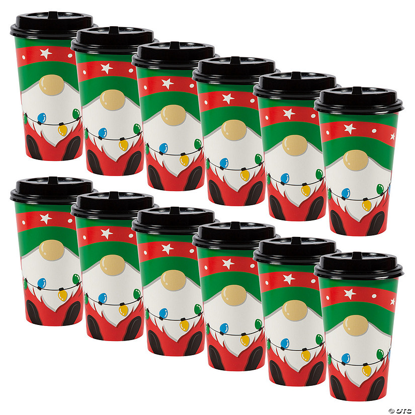 16 oz. Bulk 60 Ct. Christmas Gnome Disposable Paper Coffee Cups with Lid Image
