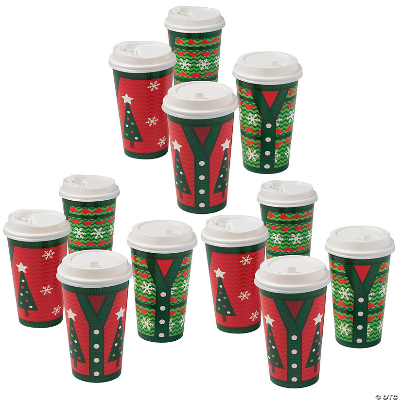 16 oz. Bulk 60 Ct. Ugly Sweater Red & Green Disposable Paper Coffee Cups with Lids Image