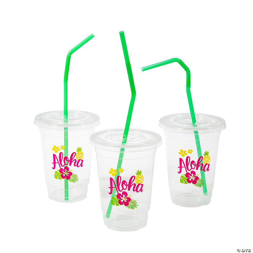 16 oz. Clear Luau Disposable Plastic Cups with Lids & Straws - 24 Ct. Image