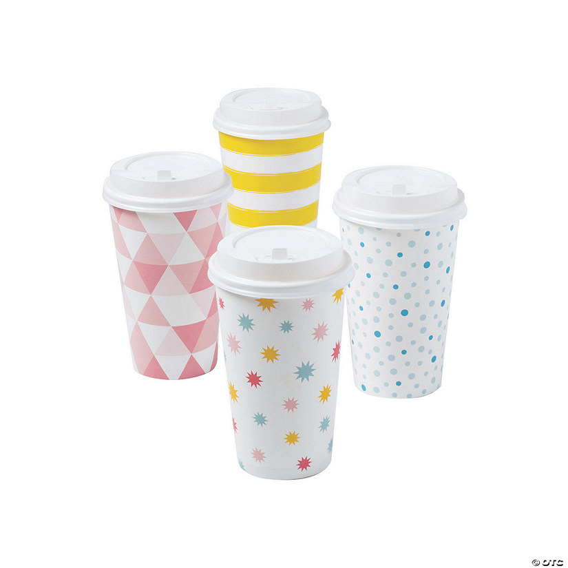 16 oz. Cute Patterns Stripes, Dots & Stars Disposable Paper Coffee Cups with Lids - 12 Ct. Image