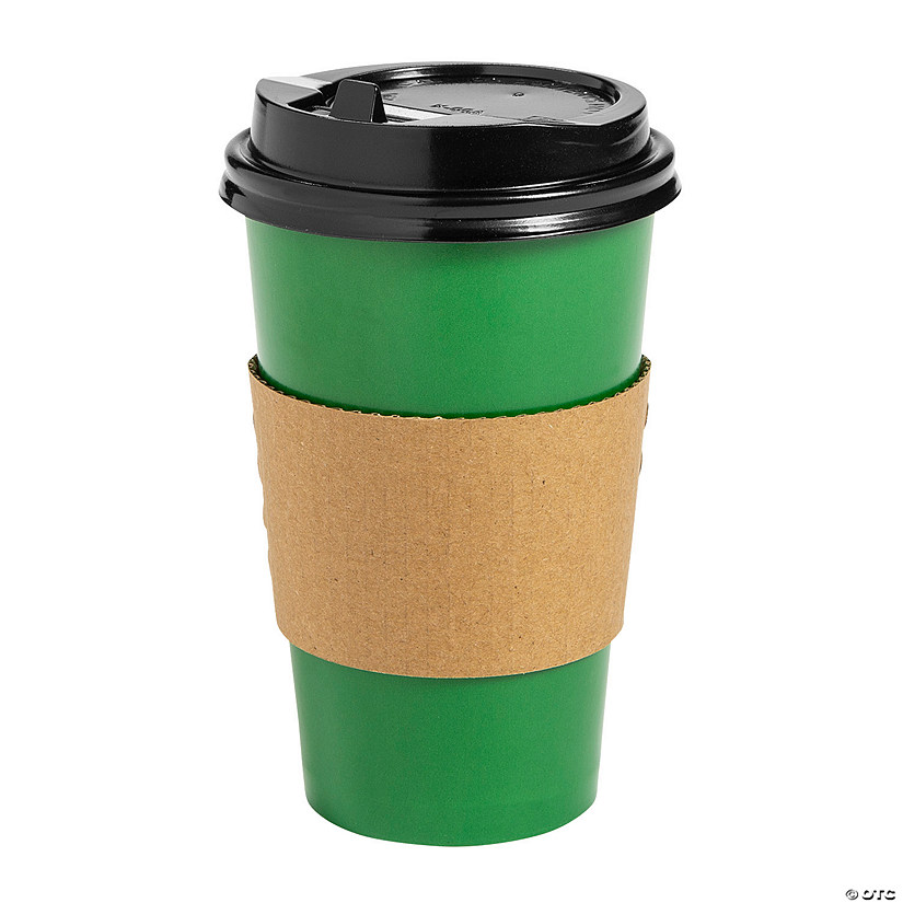 16 oz. Green Disposable Paper Coffee Cups with Lids & Sleeves - 12 Ct. Image
