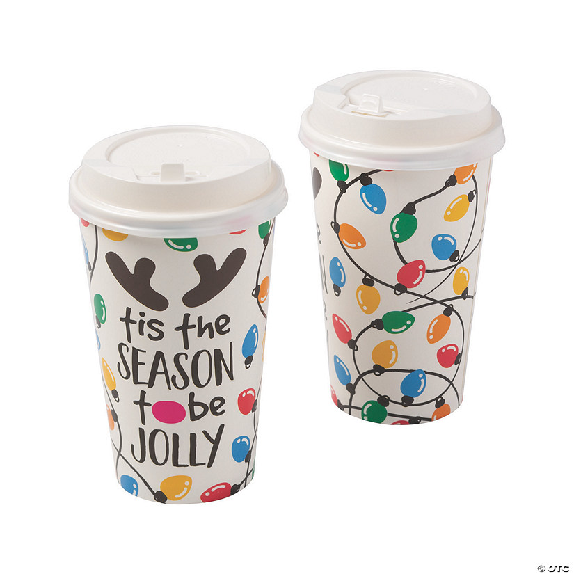 16 oz. Holiday Lights Tis the Season To Be Jolly Disposable Paper Coffee Cups with Lids - 12 Ct. Image