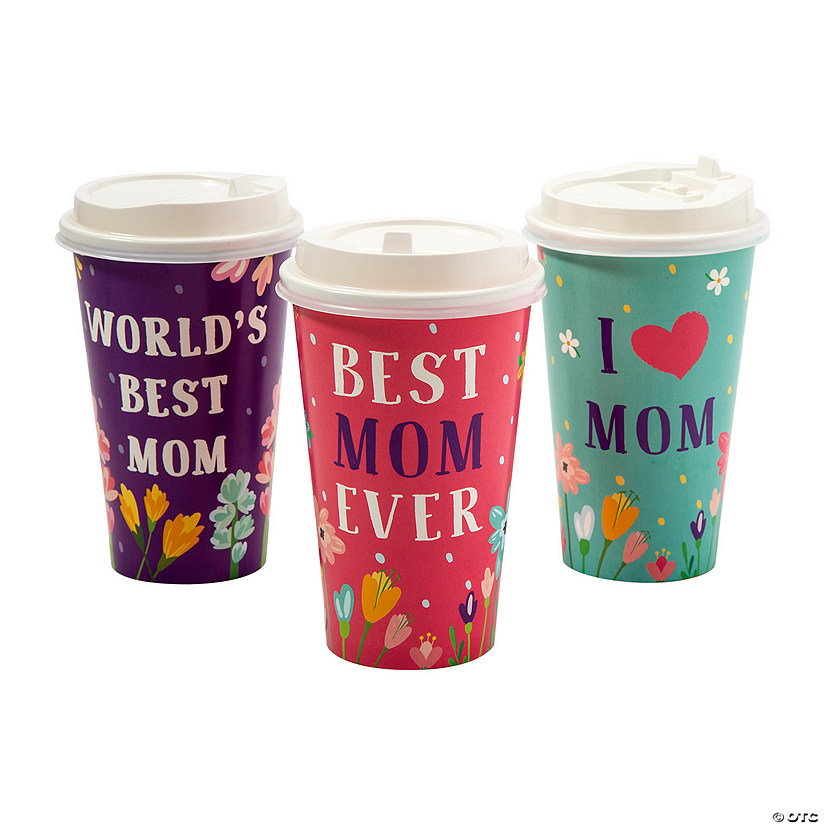 16 oz. Mother&#8217;s Day World's Best Mom Disposable Paper Coffee Cups with Lids &#8211; 12 Ct. Image