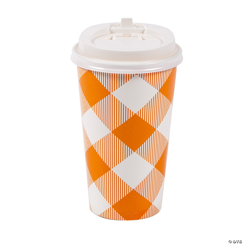 16 oz. Orange Plaid Disposable Paper Coffee Cups with Lids - 12 Ct. Image
