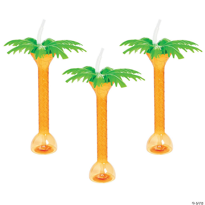 16 oz. Palm Tree Reusable BPA-Free Plastic Yard Glasses with Lids & Straws - 6 Ct. Image
