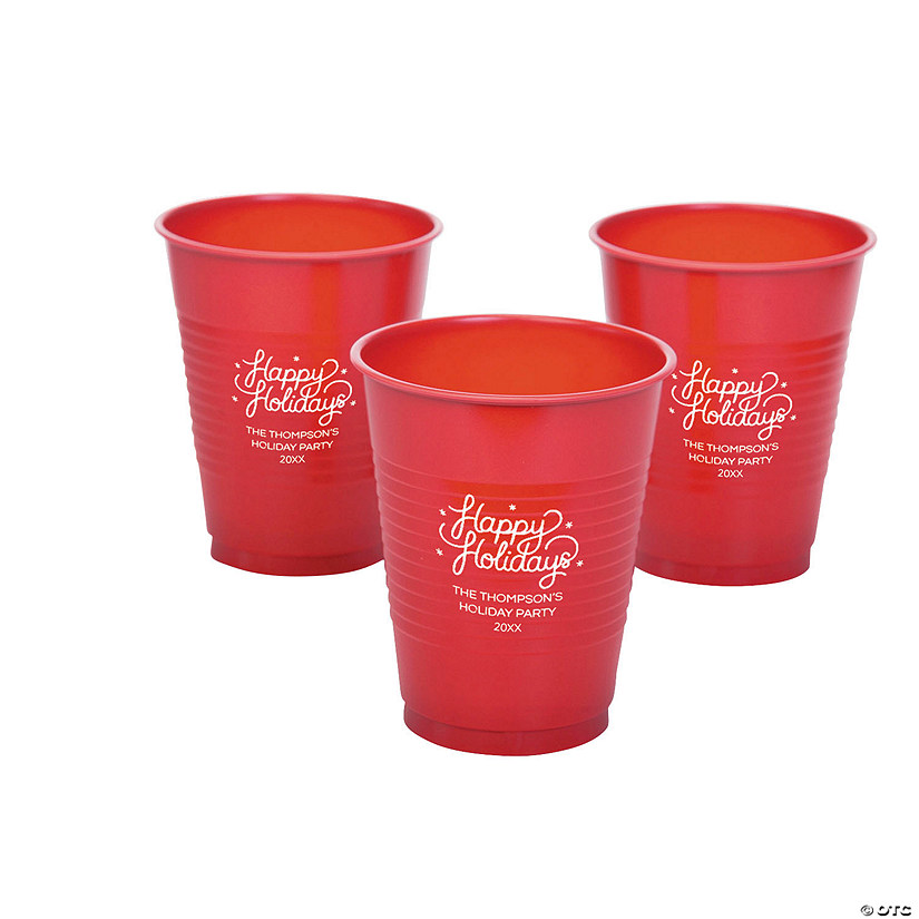16 oz. Personalized Happy Holidays Solid Color Disposable Plastic Cups - 40 Ct. Image