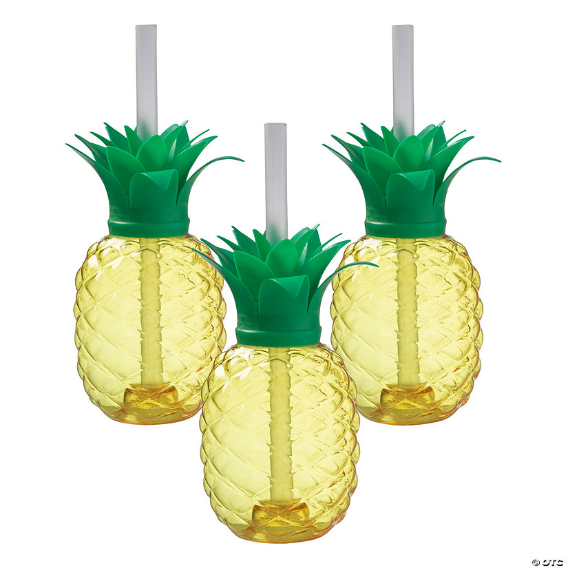 16 oz. Pineapple-Shaped Reusable Plastic Cups with Lids & Straws - 12 Ct. Image