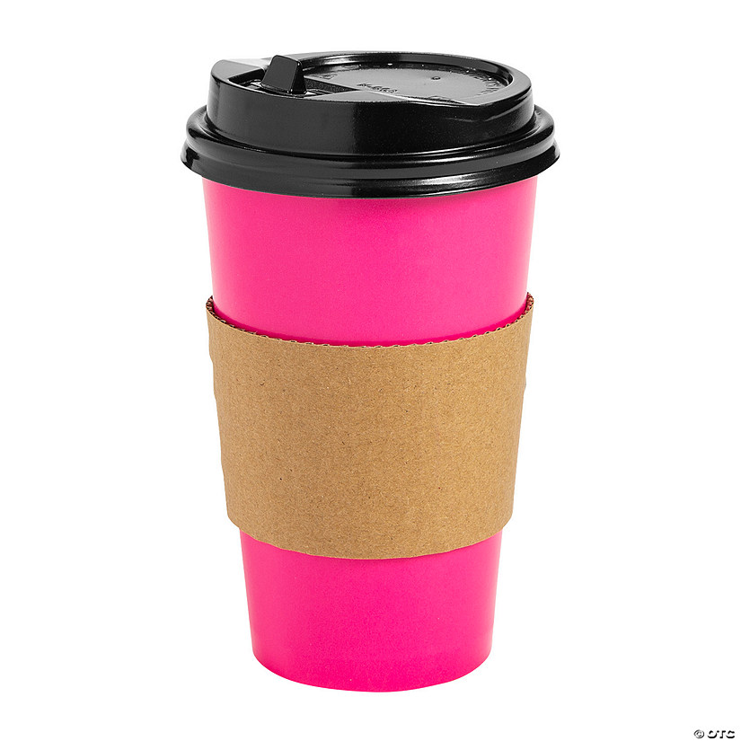 16 oz. Pink Disposable Paper Coffee Cups with Lids & Sleeves - 12 Ct. Image