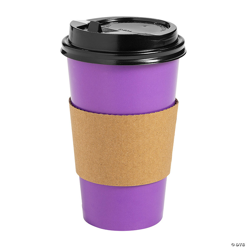 16 oz. Purple Disposable Paper Coffee Cups with Lids & Sleeves - 12 Ct. Image