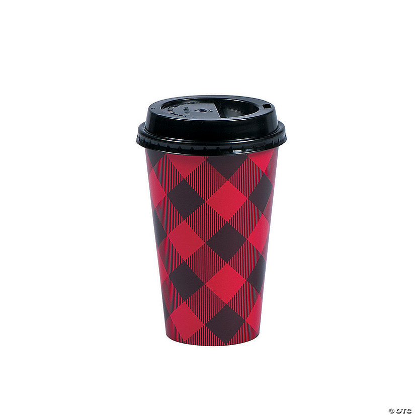 16 oz. Red Buffalo Plaid Disposable Paper Coffee Cups with Lids - 12 Ct. Image