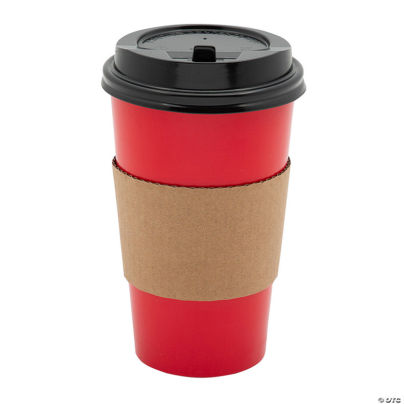16 oz. Red Disposable Paper Coffee Cups with Lids & Sleeves - 12 Ct. Image