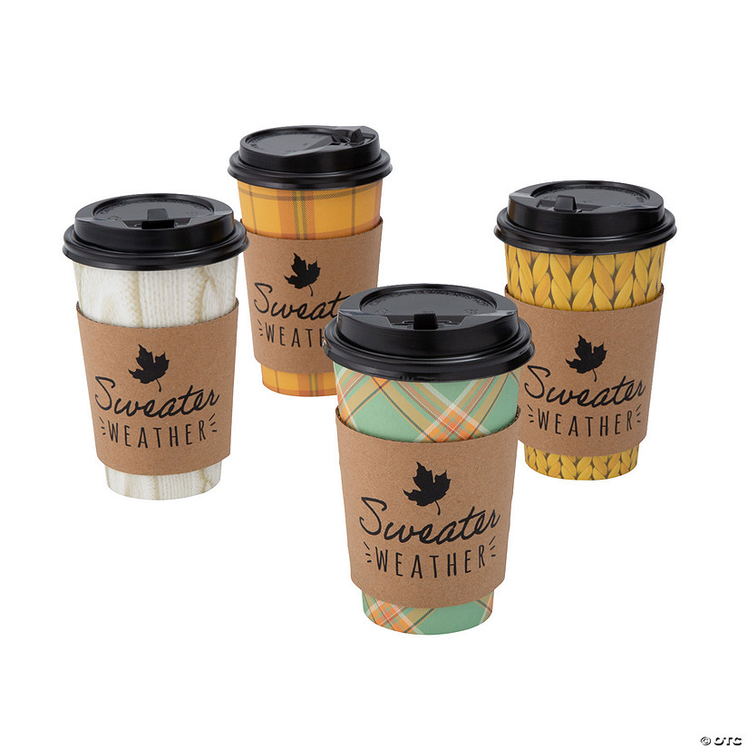 16 oz. Sweater Weather Disposable Paper Coffee Cups with Lids &amp; Sleeves - 12 Ct. Image