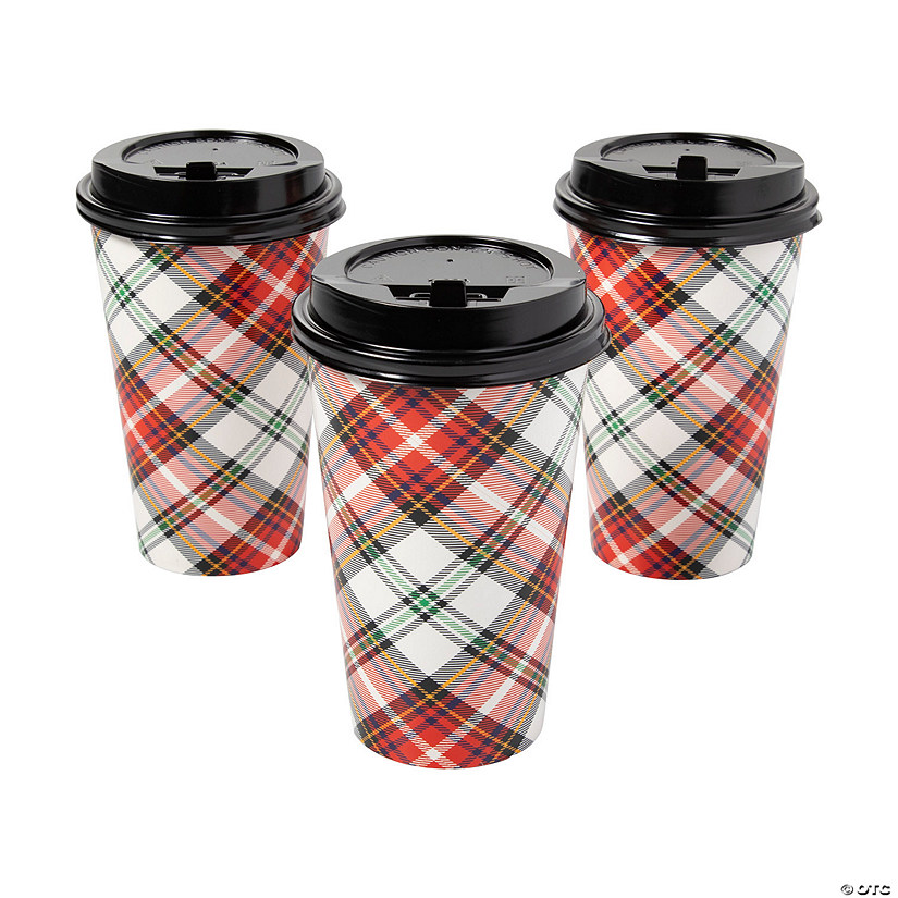 16 oz. Tartan Plaid Disposable Paper Coffee Cups with Lids- 12 Ct. Image