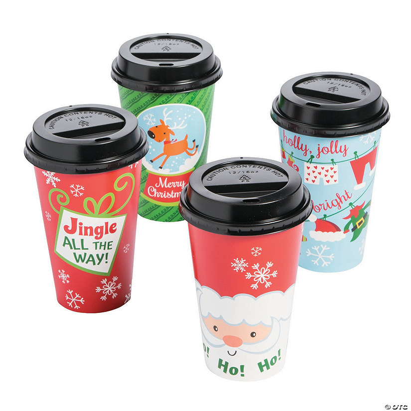 16 oz. Whimsical Santa & Reindeer Disposable Paper Coffee Cups with Lids - 12 Ct. Image