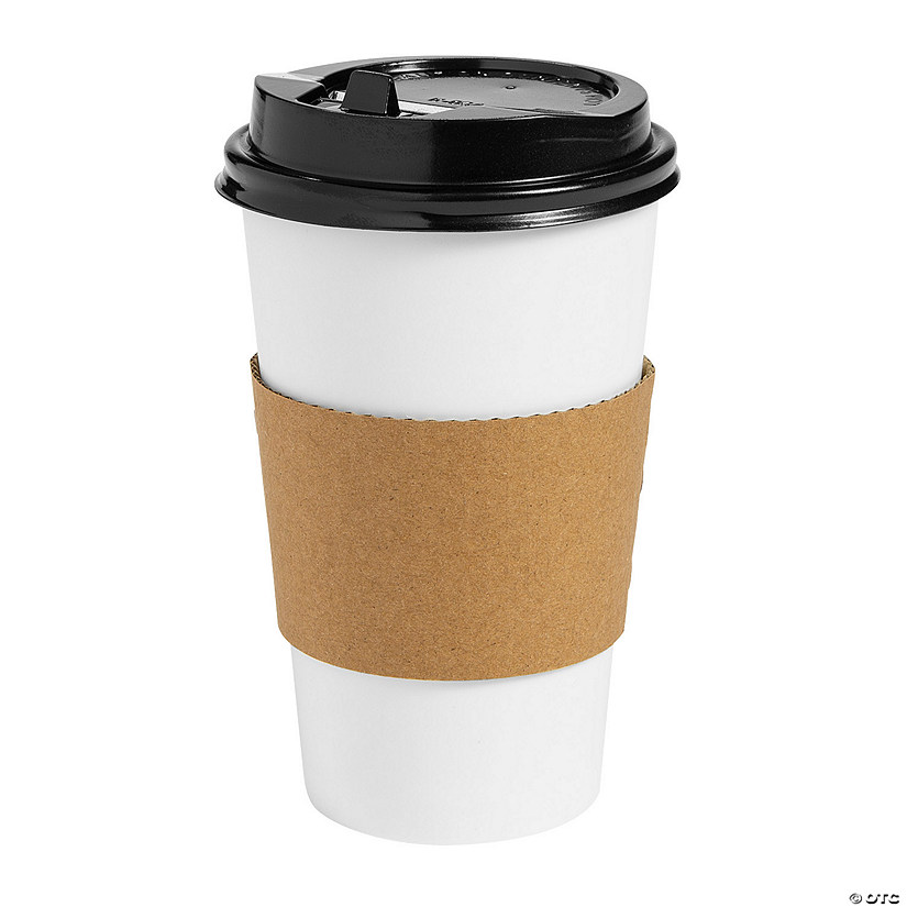 16 oz. White Disposable Paper Coffee Cups with Lids & Sleeves - 12 Ct. Image