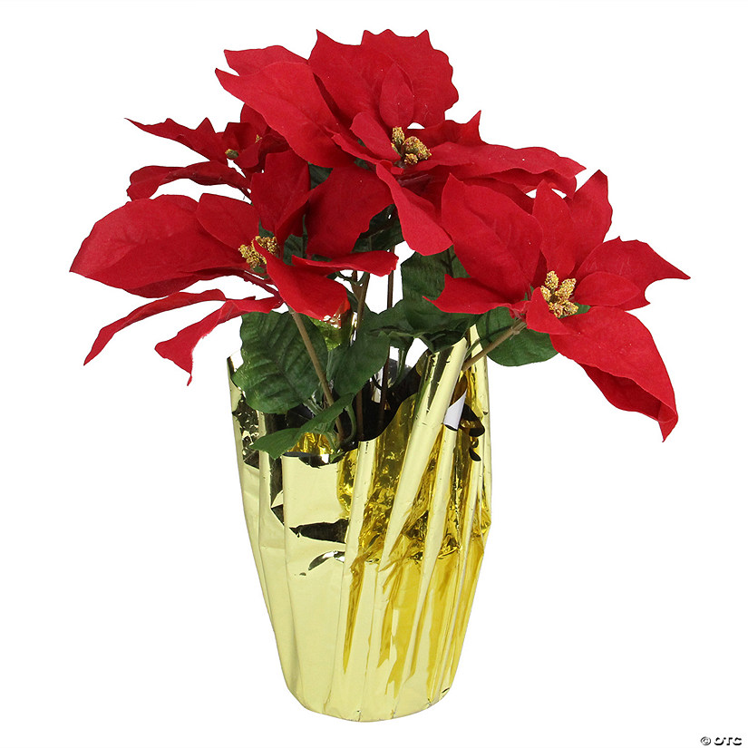 16" Red Artificial Christmas Poinsettia Arrangement with Gold Wrapped Pot Image