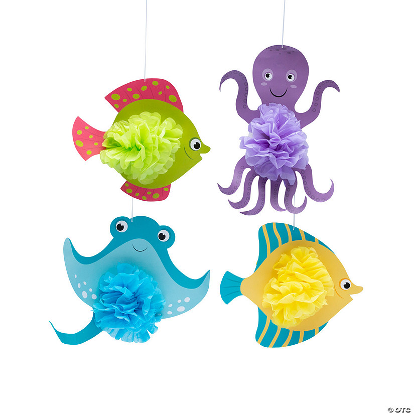 16" Under the Sea Hanging Tissue Paper Pom-Pom Decorations - 4 Pc. Image