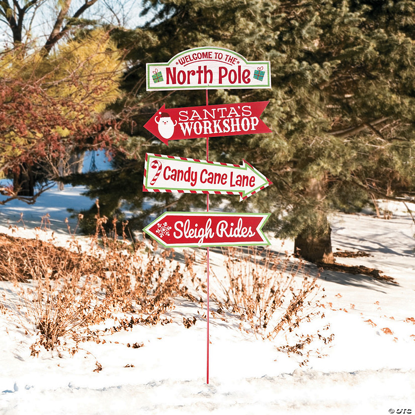 16" x 35" Whimsical Christmas North Pole Directional Wood Yard Sign Image