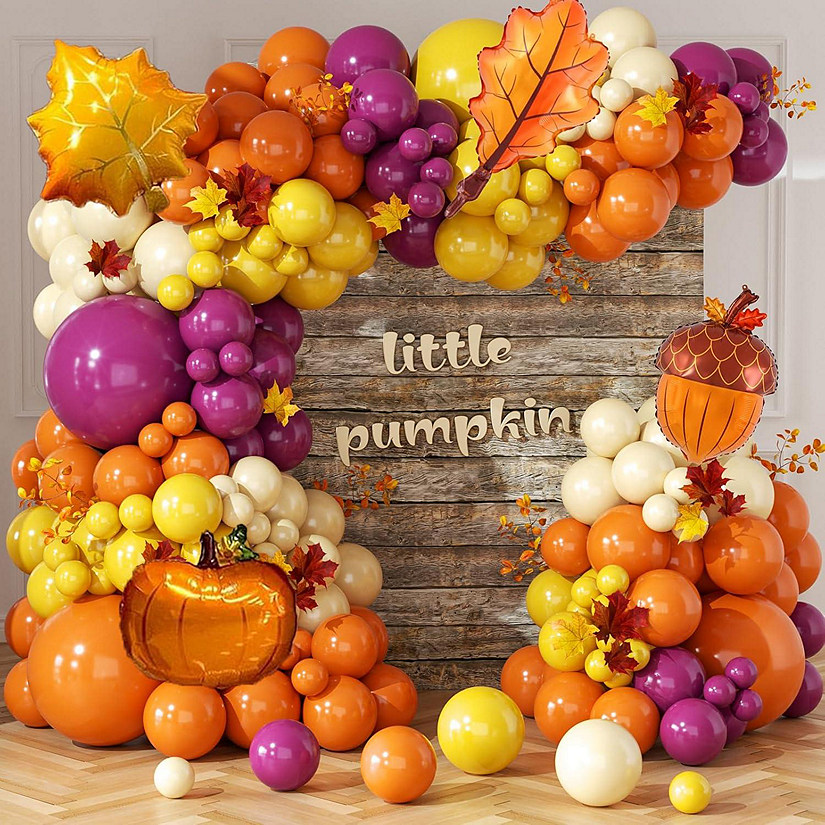 163Pcs Fall Orange Balloon Arch Kit with Maple Leaf Foil Balloons Image