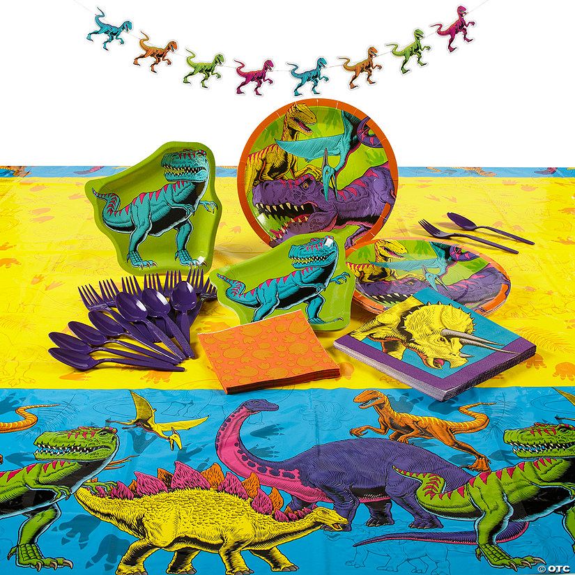 164 Pc. Bright Dino Party Disposable Tableware Kit for 24 Guests Image
