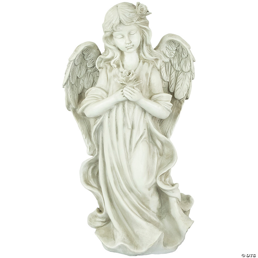 17" Peaceful Angel Holding a Rose Outdoor Garden Statue Image