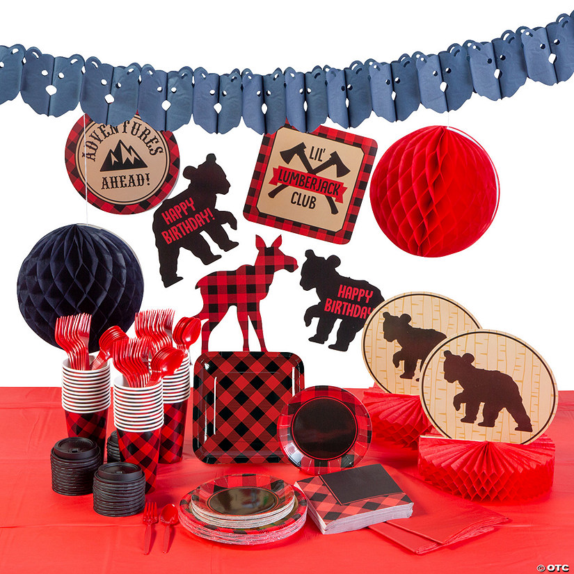 177 Pc. Buffalo Plaid Birthday Party Tableware Kit for 24 Guests Image