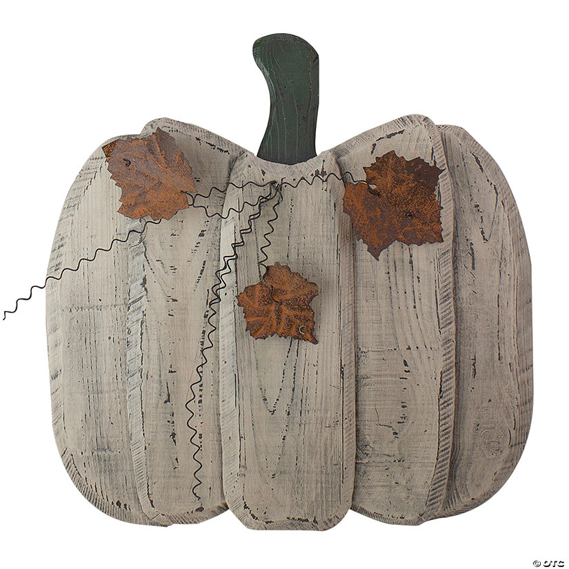 18.5" Large Beige Wooden Fall Harvest Pumpkin with Leaves and Stem Image