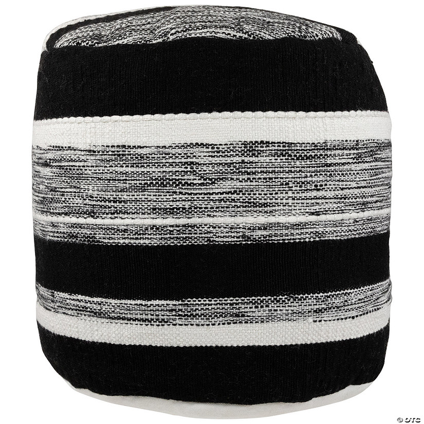 18" Black and White Striped Outdoor Woven Pouf Ottoman Image