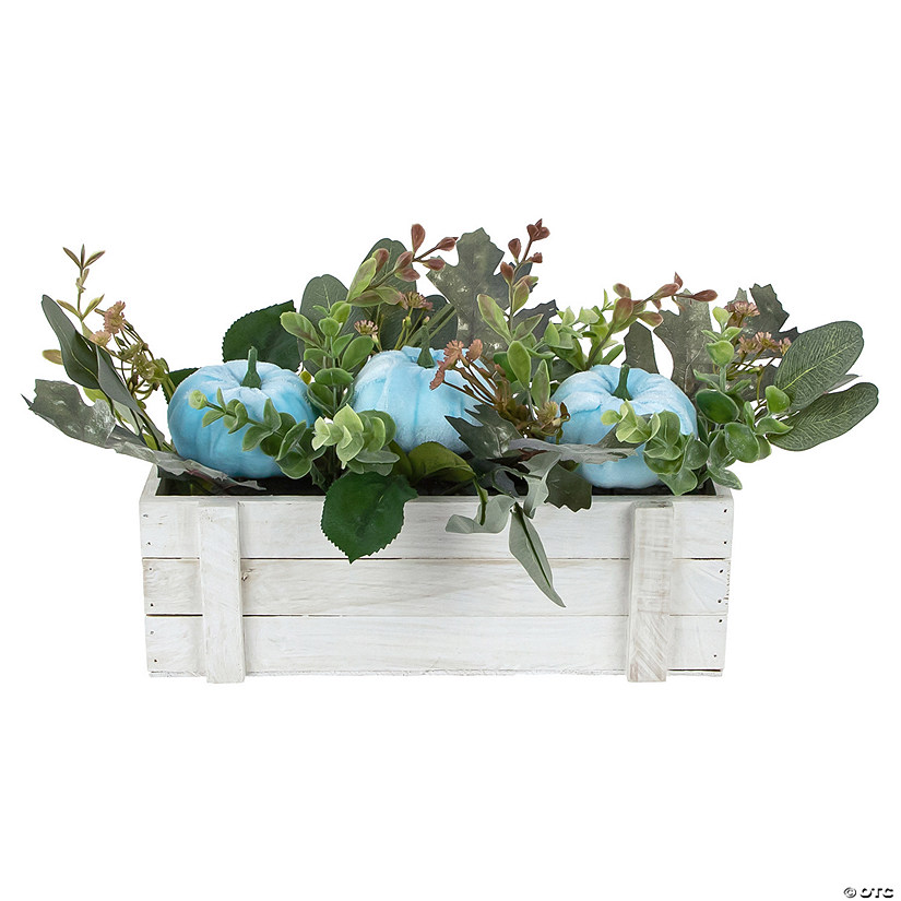18"  Fall Harvest Foliage and Blue Pumpkins In Wood Planter Image