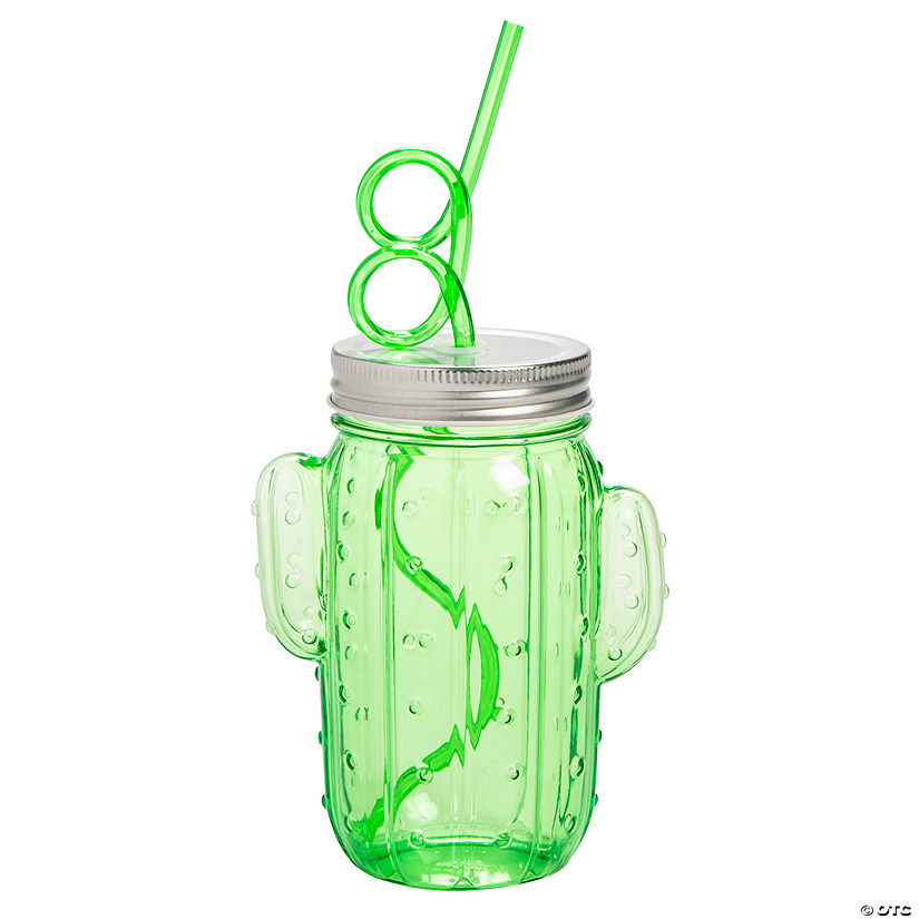 18 oz. Cactus Mason Jar Reusable Plastic Cups with Lids & Straws - 6 Ct. Image