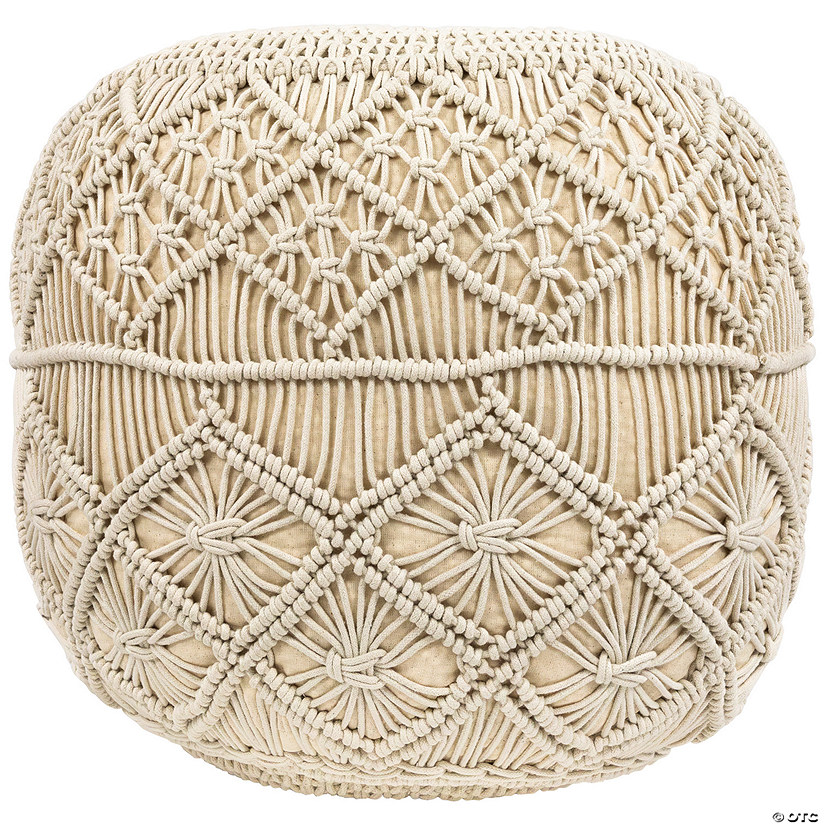 18" Solid Cream Macrame Round Handmade Natural Cotton Pouf Image