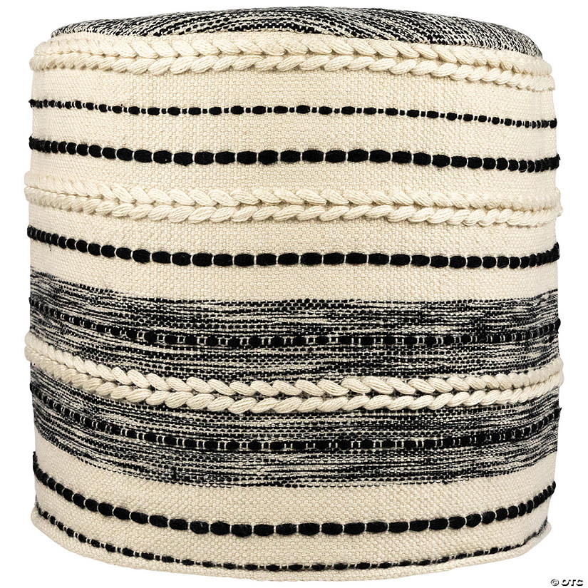 18" Striped Cream and Black Outdoor Woven Pouf Ottoman Image
