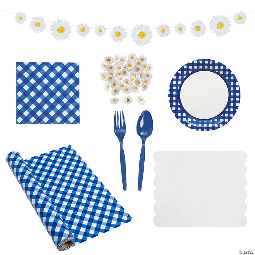 180 Pc. Blue Gingham &amp; Daisies Disposable Tableware Kit for 24 Guests Image