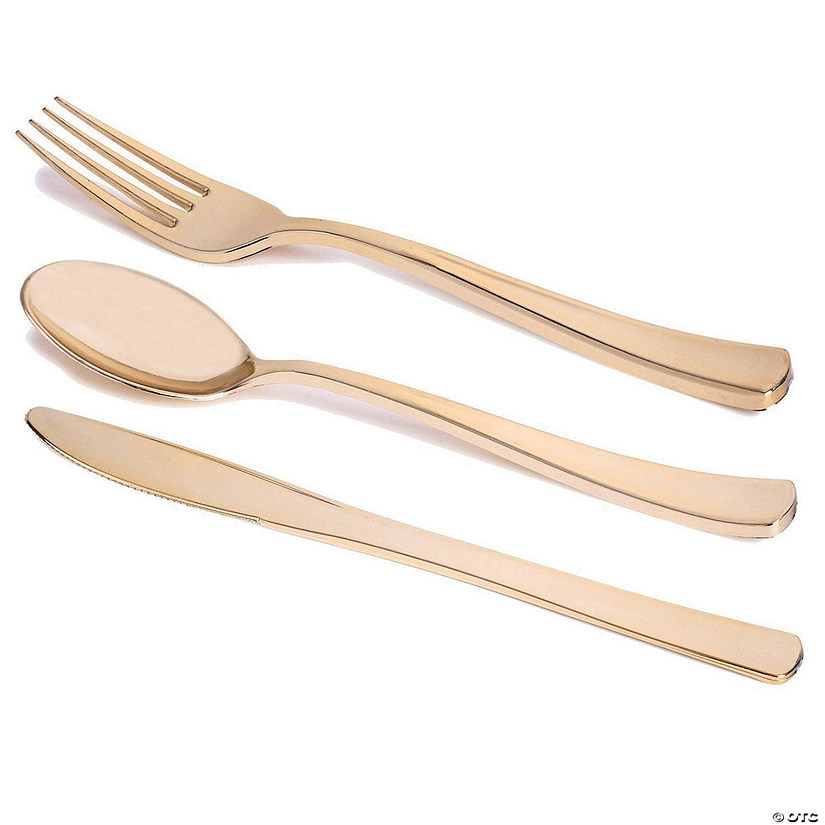 180 Pc. Gold Classic Cutlery Plastic Silverware Set - Forks, Knives and Spoons (60 Guests) Image