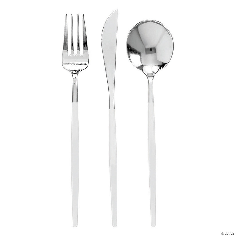 180 Pc. Silver with White Handle Moderno Disposable Plastic Cutlery Set - Spoons, Forks and Knives (60 Guests) Image